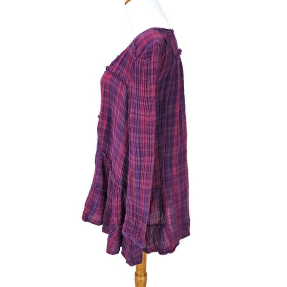 Free People Whistle While You Work Gauzy Purple Plaid Tiered Button Up Tunic Top - Picture 5 of 15
